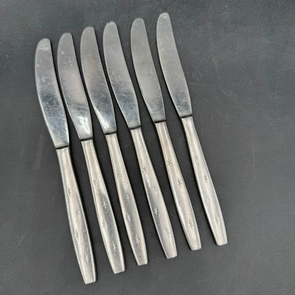 Set/6 Vtg Atomic Dinner Knives Serrated Solid Stainless Steel MCM